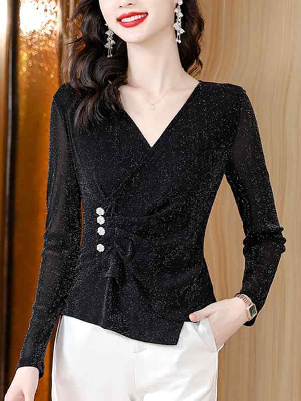 秋服 レディース ファッション オシャレ カワイイ シンプル 大人カワイイ 大きいサイズ Vネック メッシュ ブライト シャツ スリムフィット 長袖 T トップス