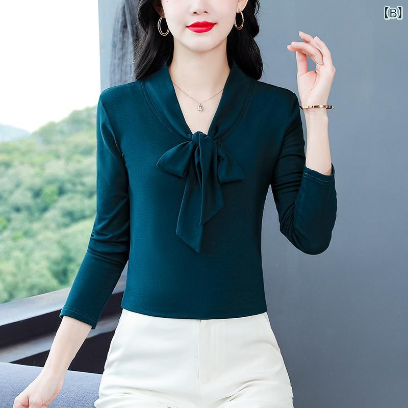 秋服 レディース ファッション オシャレ カワイイ シンプル 大人カワイイ 大きいサイズ フレンチ Vネック 長袖 T シャツ ベルベット 厚手 インナー トップス