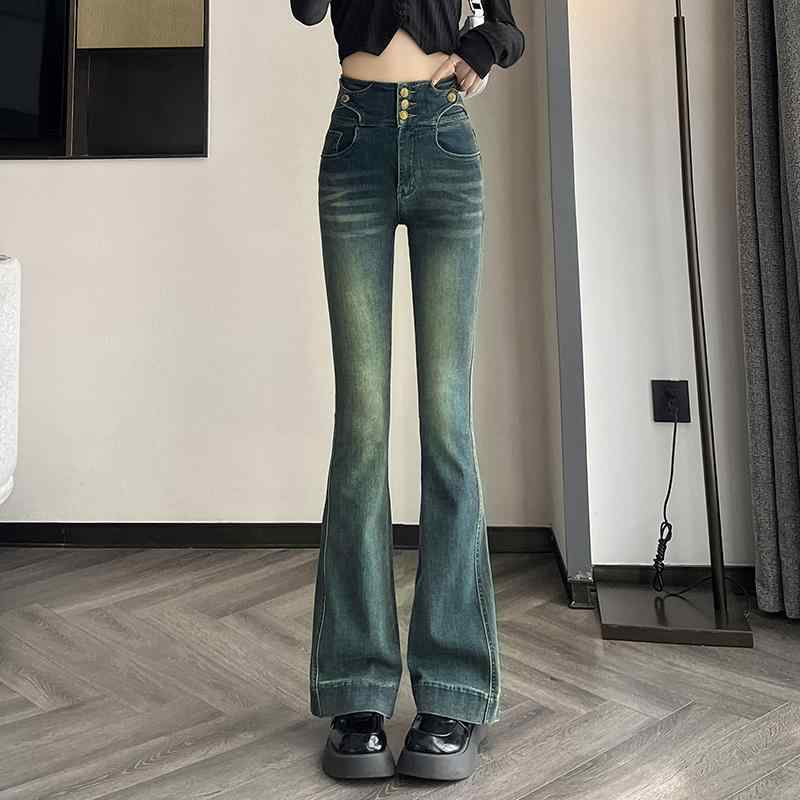 Boot Cut Jeans - 秋服 レディース ファッション オシャレ カワイイ シンプル 大人カワイイ 大きいサイズ スリム デニム ブーツカット パンツ レトロ ハイウエスト ベルボトム パンツ