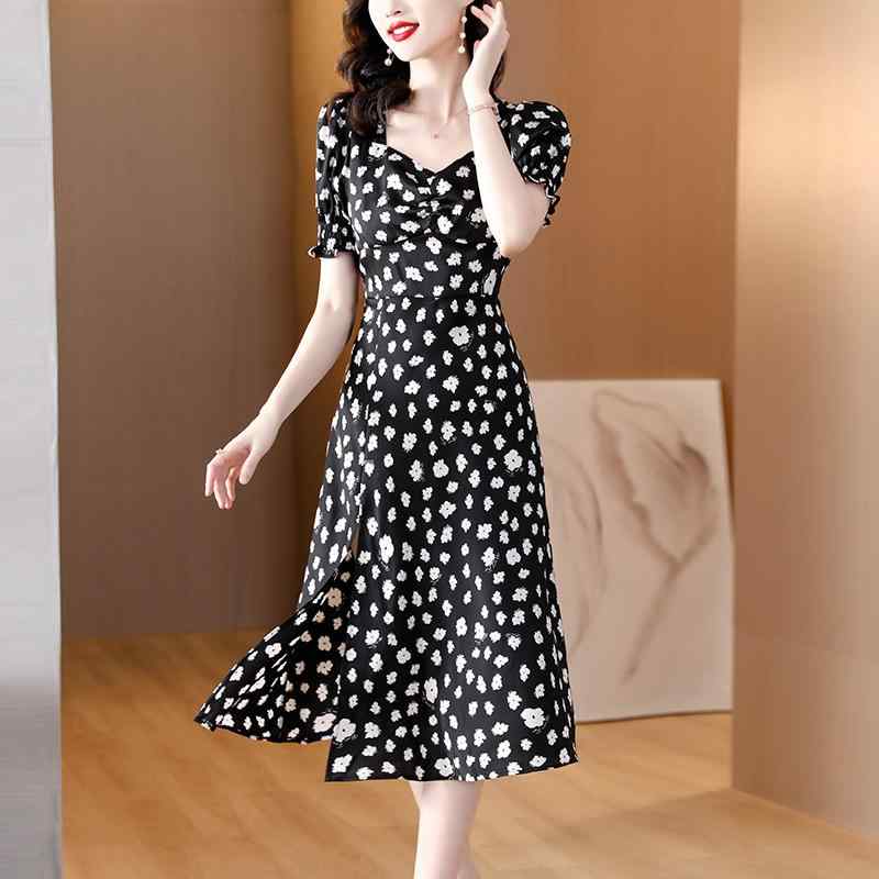 秋服 レディース ファッション オシャレ カワイイ シンプル 大人カワイイ 大きいサイズ フレンチ 花柄 半袖 ドレス ウエスト スリム ミドル丈 スカート