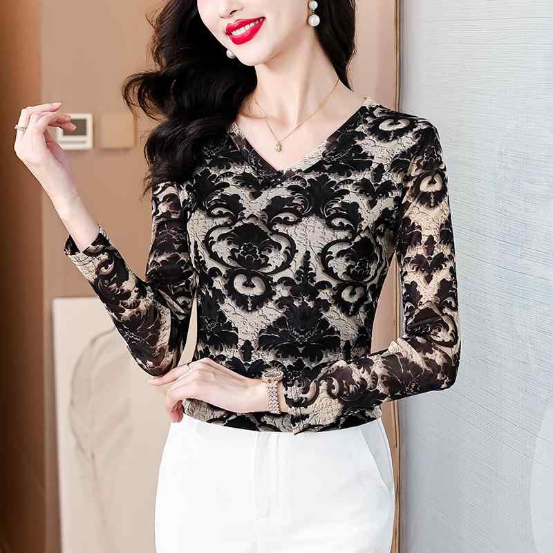 秋服 レディース ファッション オシャレ カワイイ シンプル 大人カワイイ 大きいサイズ ベルベット 厚手 T シャツ インナー レイヤリング エスニック プリント スリム トップス(4.0)