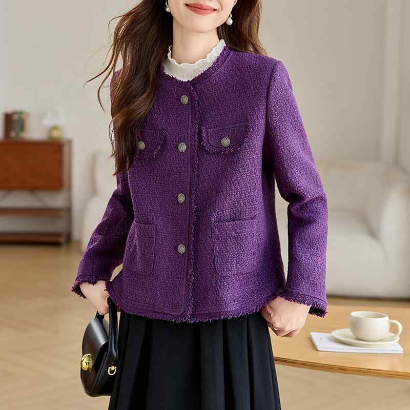 秋服 レディース ファッション オシャレ カワイイ シンプル 大人カワイイ 大きいサイズ ハイエンド パープル キルティング 厚手 フレグランス ジャケット トップス