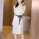 秋服 レディース ファッション オシャレ カワイイ シンプル 大人カワイイ 大きいサイズ ドレス Vネック パフスリーブドレス 水玉 プリント Aライン ミッド スカート