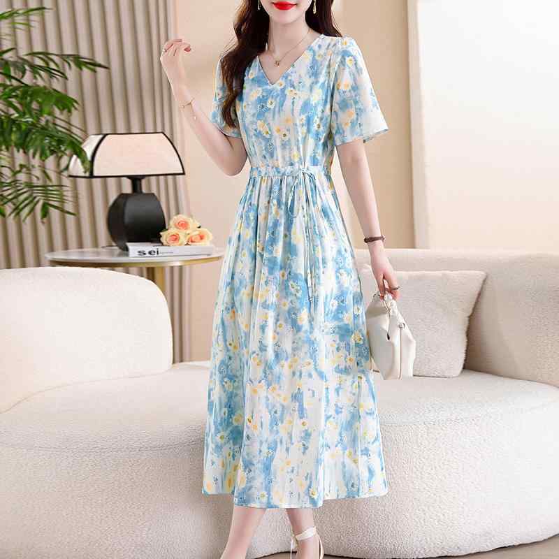 秋服 レディース ファッション オシャレ カワイイ シンプル 大人カワイイ 大きいサイズ フレンチ シフォン 半袖 ドレス Vネック 花柄 ミドル丈 スカート