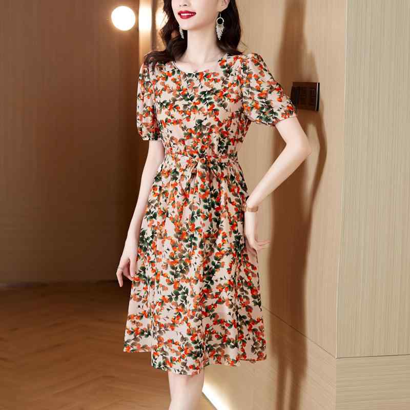 秋服 レディース ファッション オシャレ カワイイ シンプル 大人カワイイ 大きいサイズ 薄手 ラウンドネック 花柄 半袖 ドレス Aライン スカート