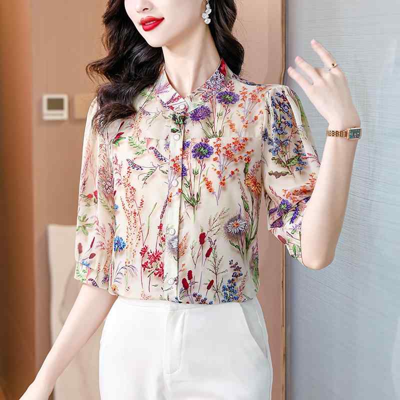 秋服 レディース ファッション オシャレ カワイイ シンプル 大人カワイイ 大きいサイズ エレガント 花柄 七分袖 シャツ スリム トップス
