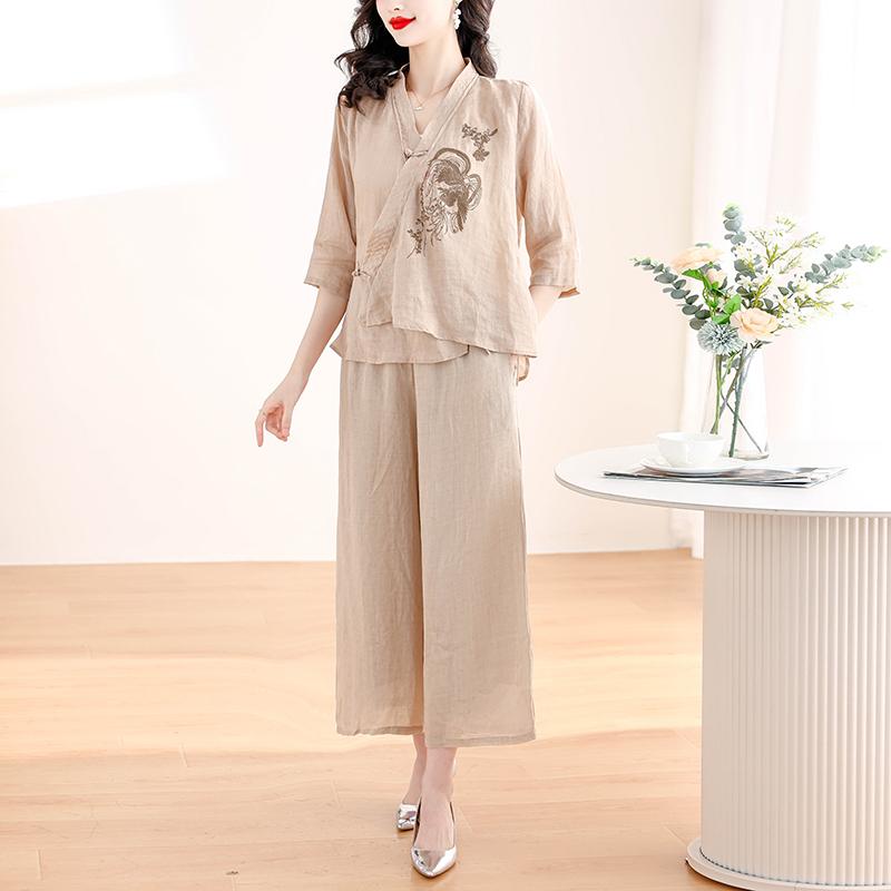 秋服 レディース ファッション オシャレ カワイイ シンプル 大人カワイイ 大きいサイズ Vネック ディスク ボタン スーツ 七分袖 トップス 綿 リネン ワイド レッグ パンツ セットアップ 可能