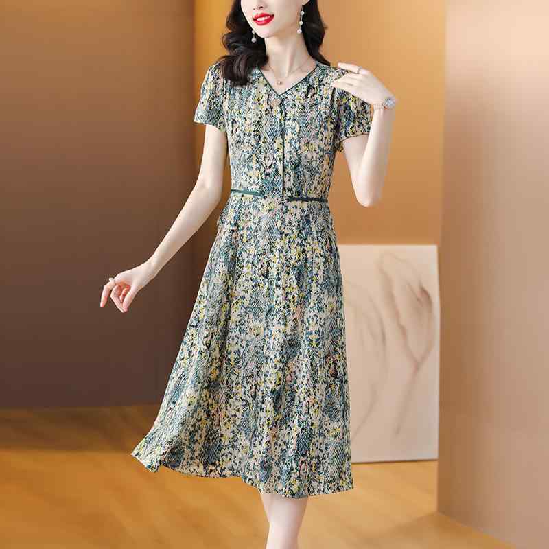乐天商城 - 秋服 レディース ファッション オシャレ カワイイ シンプル 大人カワイイ 大きいサイズ エレガント Vネック 半袖 花柄 ドレス スリム ミドル丈 スカート