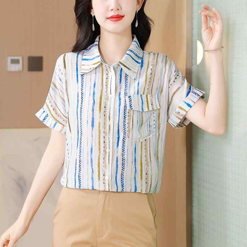 秋服 レディース ファッション オシャレ カワイイ シンプル 大人カワイイ 大きいサイズ 服 ポロ カラー ストライプ 半袖 シャツ ワイド トップス