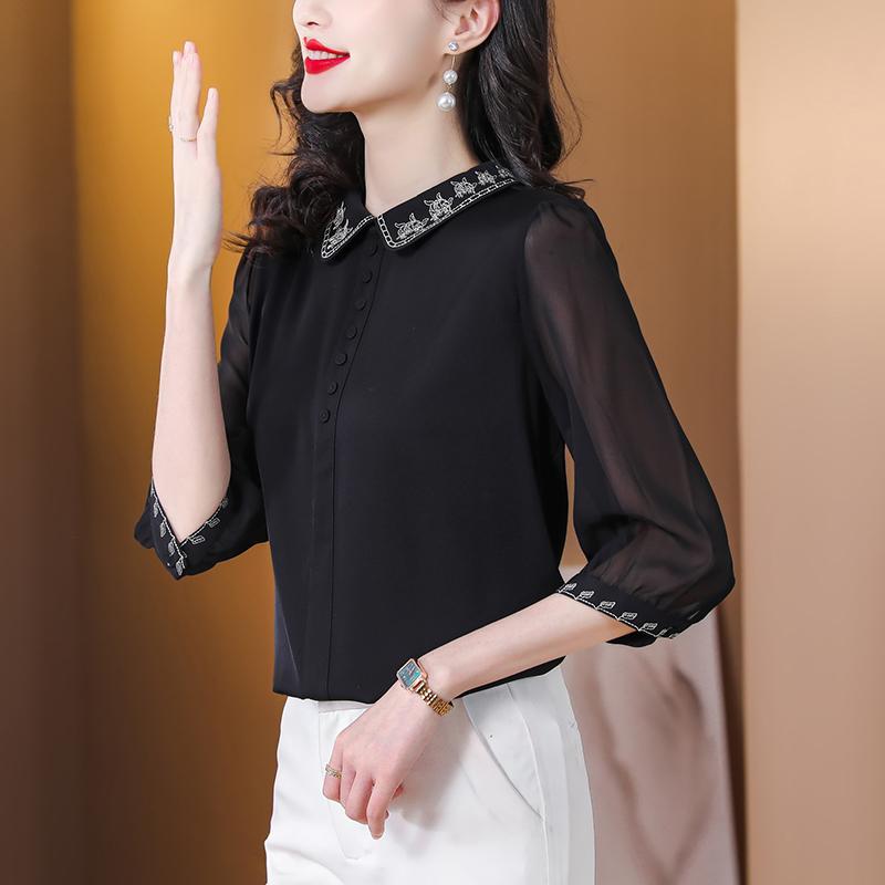 Rakuten - 秋服 レディース ファッション オシャレ カワイイ シンプル 大人カワイイ 大きいサイズ ワイド 黒 シャツ 七分袖 トップス