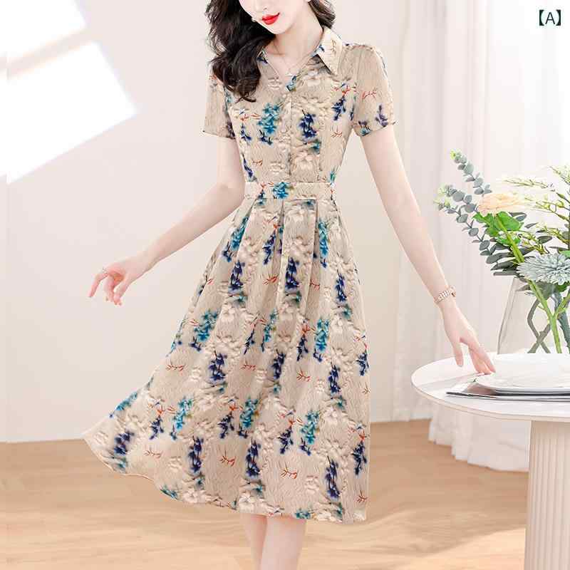 秋服 レディース ファッション オシャレ カワイイ シンプル 大人カワイイ 大きいサイズ ポロ カラー 花柄 半袖 シフォン ドレス ウエスト スリム Aライン スカート ミドル丈