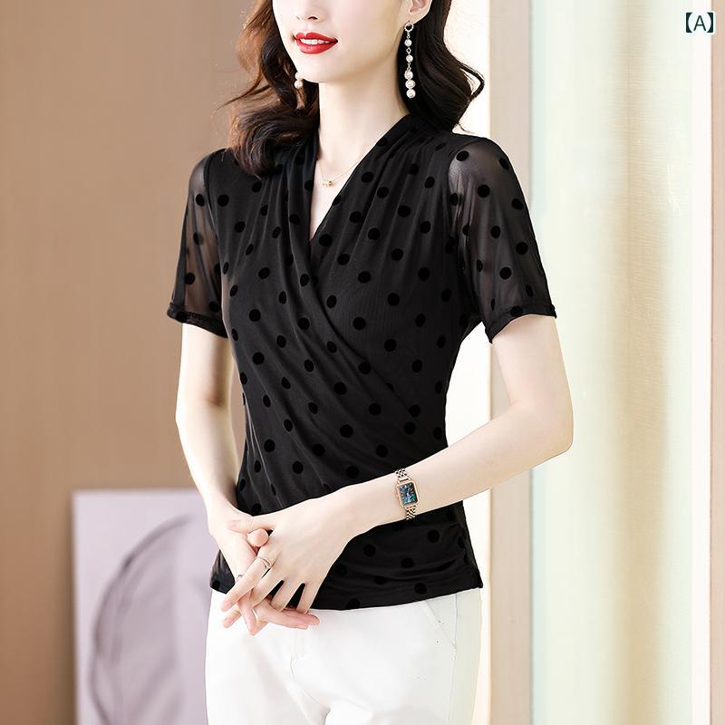 秋服 レディース ファッション オシャレ カワイイ シンプル 大人カワイイ 大きいサイズ Vネック メッシュ 黒 水玉 T シャツ スリムフィット トップス