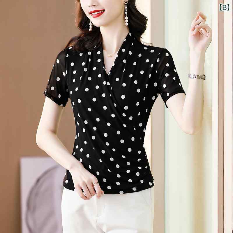 秋服 レディース ファッション オシャレ カワイイ シンプル 大人カワイイ 大きいサイズ Vネック メッシュ 黒 水玉 T シャツ スリムフィット トップス