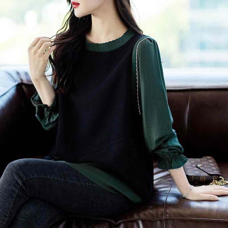秋服 レディース ファッション オシャレ カワイイ シンプル 大人カワイイ 大きいサイズ フェイク ツーピース ラウンドネック 長袖 トレーナー 服 トップス