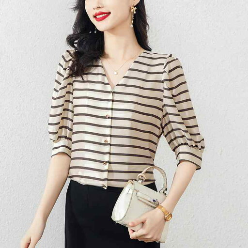 秋服 レディース ファッション オシャレ カワイイ シンプル 大人カワイイ 大きいサイズ ハイエンド Vネック ストライプ ワイド 半袖 シャツ トップス 秋服 レディース ファッション オシャレ カワイイ シンプル 大人カワイイ 大きいサイズ ハイエンド Vネック ストライプ ワイド 半袖 シャツ トップス