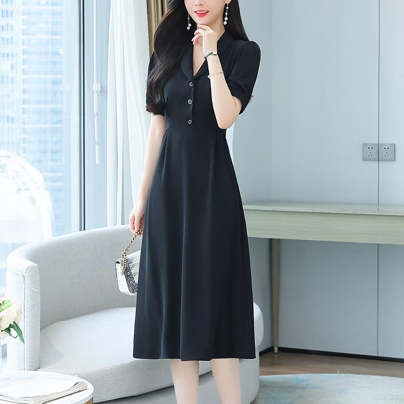 秋服 レディース ファッション オシャレ カワイイ シンプル 大人カワイイ 大きいサイズ 黒 Vネック ウエスト 半袖 シフォン ドレス スリム スカート