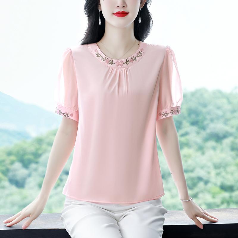 Short Sleeves - 秋服 レディース ファッション オシャレ カワイイ シンプル 大人カワイイ 大きいサイズ 薄手 半袖 シフォン シャツ スリム シャツ トップス