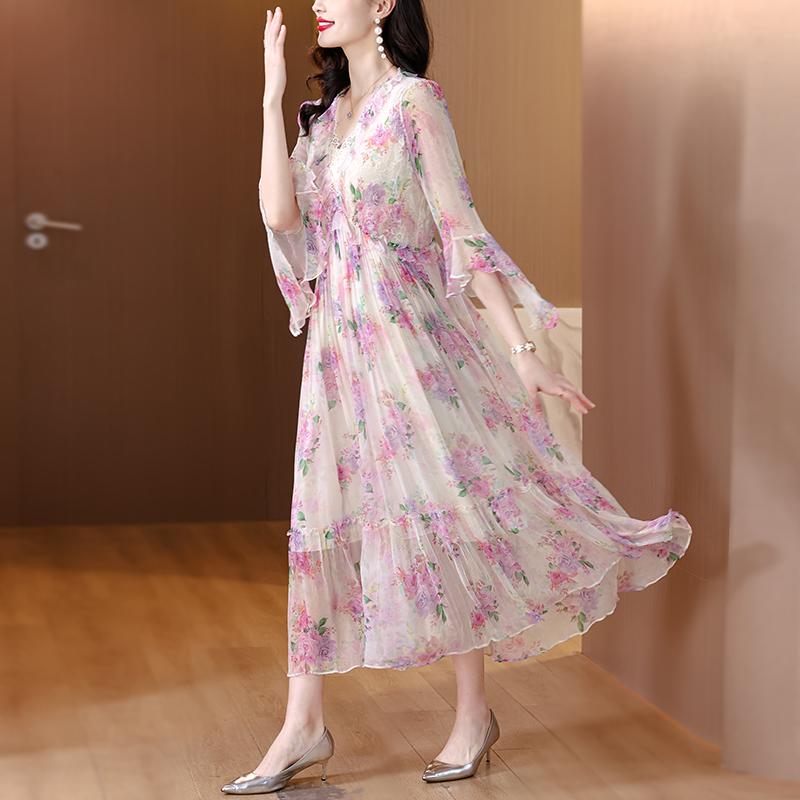 秋服 レディース ファッション オシャレ カワイイ シンプル 大人カワイイ 大きいサイズ ドレス ワイド 花柄 フレンチ 七分袖 スカート