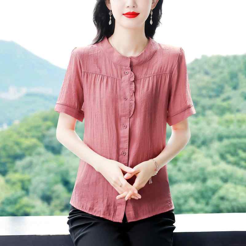 秋服 レディース ファッション オシャレ カワイイ シンプル 大人カワイイ 大きいサイズ コットンリネン 半袖 シャツ テンセル スリム トップス