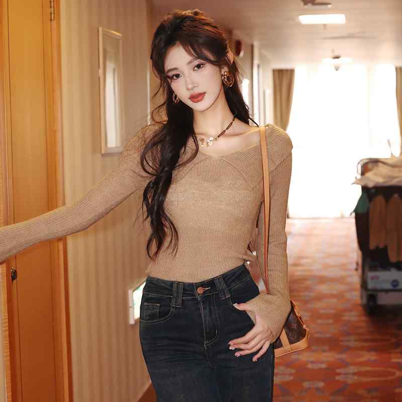 秋服 レディース ファッション オシャレ カワイイ シンプル 大人カワイイ 大きいサイズ ドール カラー セーター 通勤ウェア スリムフィット トップス フレンチ レトロ