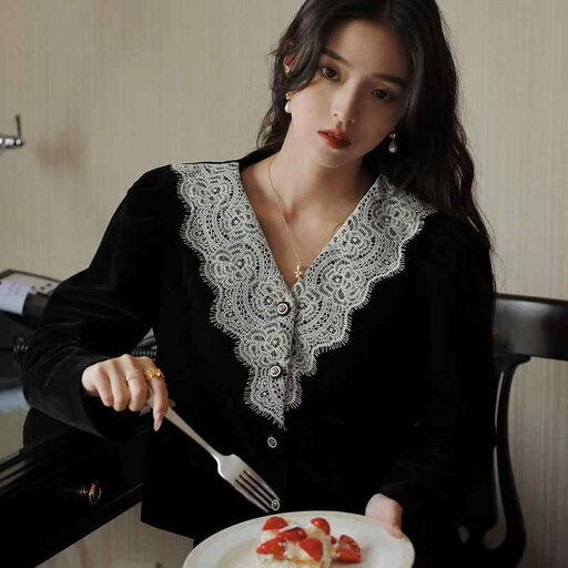 秋服 レディース ファッション オシャレ カワイイ シンプル 大人カワイイ 大きいサイズ フレンチ レトロ レース トップス ベルベット ブラック スリミング 長袖 ジャケット 秋服 レディース ファッション オシャレ カワイイ シンプル 大人カワイイ 大きいサイズ フレンチ レトロ レース トップス ベルベット ブラック スリミング 長袖 ジャケット