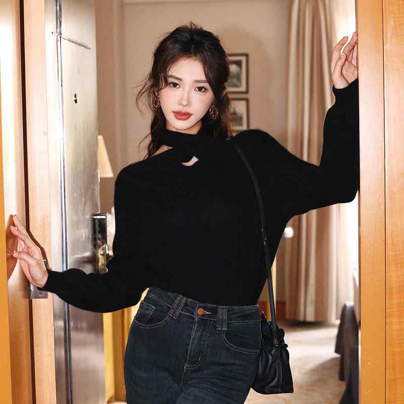 秋服 レディース ファッション オシャレ カワイイ シンプル 大人カワイイ 大きいサイズ ホルターネック セーター フレンチ レトロ ベルベット トップス 通勤ウェア