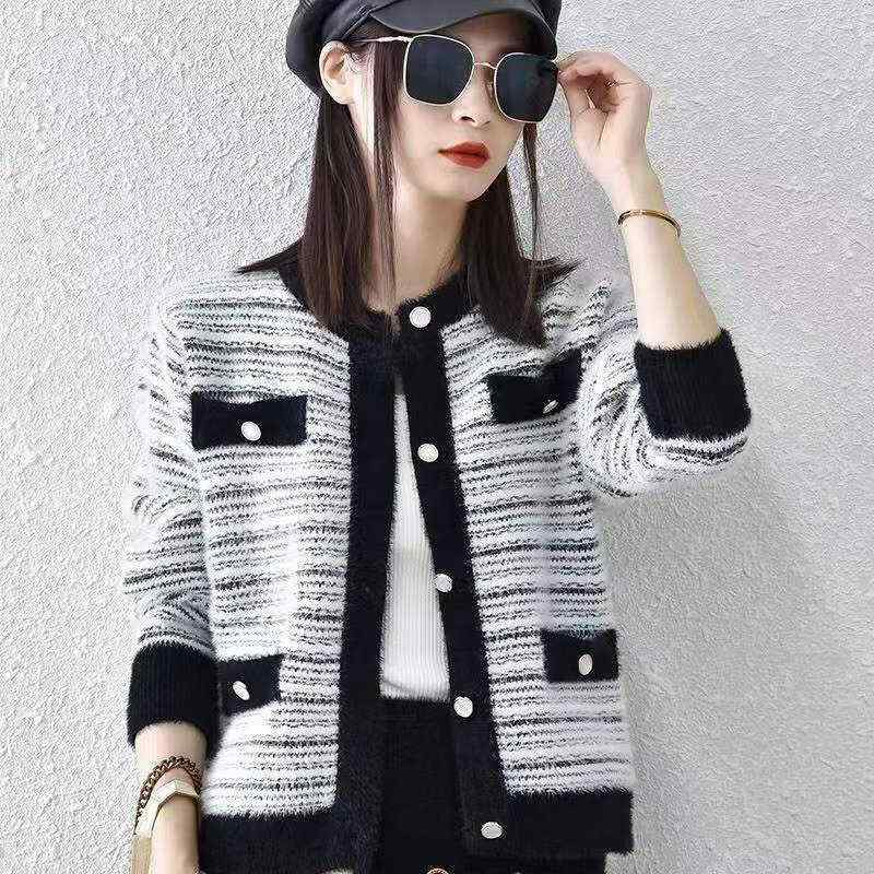 秋服 レディース ファッション オシャレ カワイイ シンプル 大人カワイイ 大きいサイズ ストライプ セーター カーディガン ラウンドネック ニット ジャケット