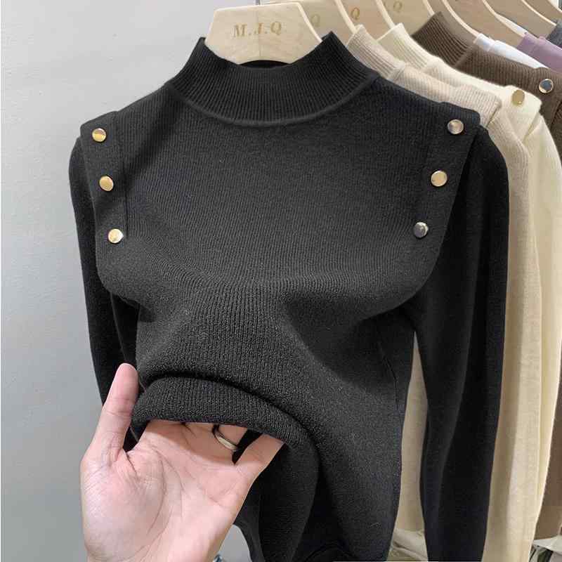 Turtleneck - 秋服 レディース ファッション オシャレ カワイイ シンプル 大人カワイイ 大きいサイズ アウトドア 黒 ハーフ タートルネック セーター プルオーバー スリム 長袖 ニット ボトム