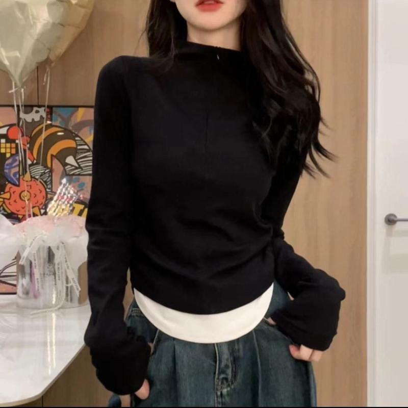 秋服 レディース ファッション オシャレ カワイイ シンプル 大人カワイイ 大きいサイズ フェイク ツーピース カラー スリム T シャツ トップスのサムネイル