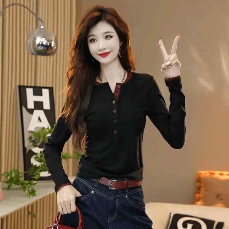 秋服 レディース ファッション オシャレ カワイイ シンプル 大人カワイイ 大きいサイズ ラウンドネック ボタン スリム 長袖 レイヤリング シャツ トップス T