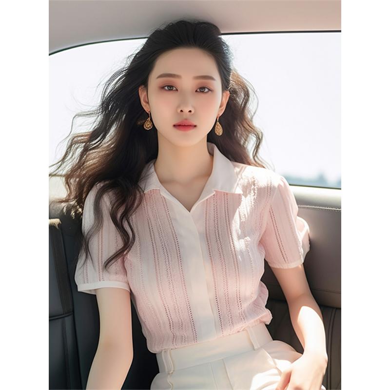 乐天商城 - 秋服 レディース ファッション オシャレ カワイイ シンプル 大人カワイイ 大きいサイズ フレンチ シャツ ハイエンド ピンク ポロ シャツ