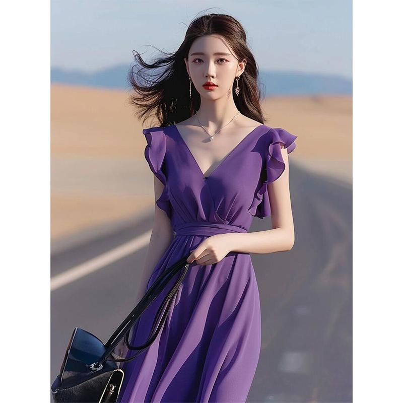 秋服 レディース ファッション オシャレ カワイイ シンプル 大人カワイイ 大きいサイズ フレンチ ハイエンド お姫様 紫色 シフォン ドレス