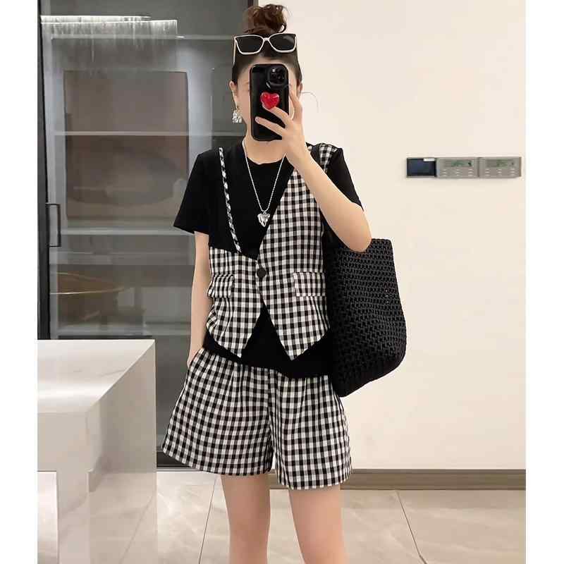 秋服 レディース ファッション オシャレ カワイイ シンプル 大人カワイイ 大きいサイズ フェイク ツーピース チェック柄 スーツ 半袖 トップス パンツ セットアップ 可能