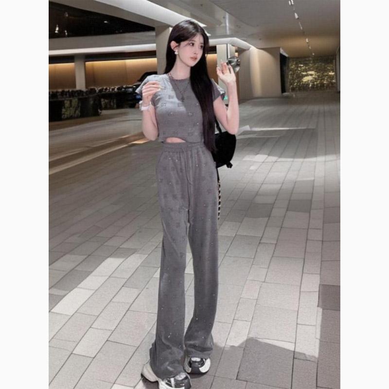 秋服 レディース ファッション オシャレ カワイイ シンプル 大人カワイイ 大きいサイズ スポーツ スーツ ハイエンド ヘビーデューティ 半袖 トップス カジュアル ワイド レッグ パンツ セットアップ 可能