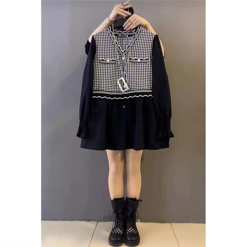 秋服 レディース ファッション オシャレ カワイイ シンプル 大人カワイイ 大きいサイズ チェック柄 フェイク ツーピース Vネック シャツ シック ハイエンド 長袖 トップス