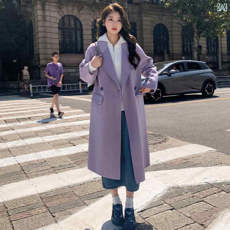 秋服 レディース ファッション オシャレ カワイイ シンプル 大人カワイイ 大きいサイズ パープル ウール コート ミドル丈 韓国スタイル ゆったり