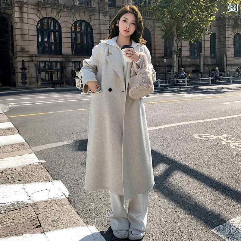 秋服 レディース ファッション オシャレ カワイイ シンプル 大人カワイイ 大きいサイズ パープル ウール コート ミドル丈 韓国スタイル ゆったり