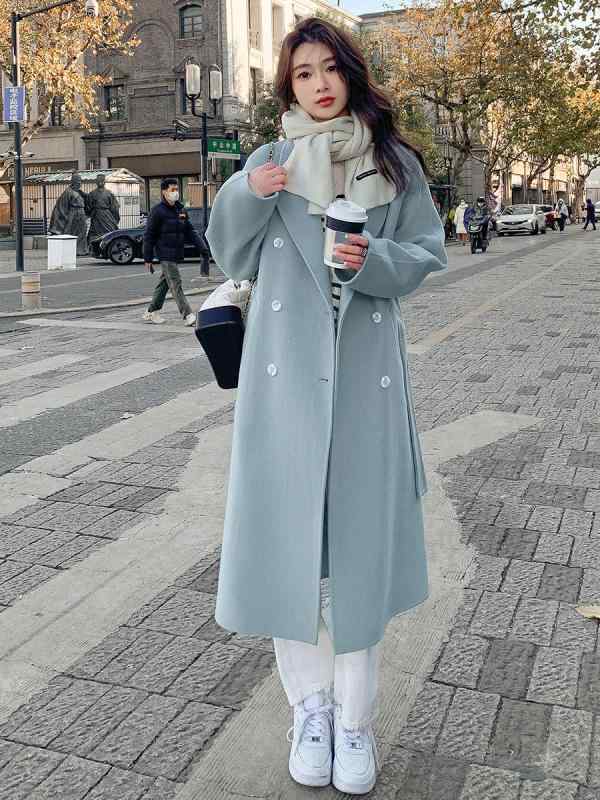 秋服 レディース ファッション オシャレ カワイイ シンプル 大人カワイイ 大きいサイズ ブルー コート 韓国スタイル ミドル丈 レースアップ ウール