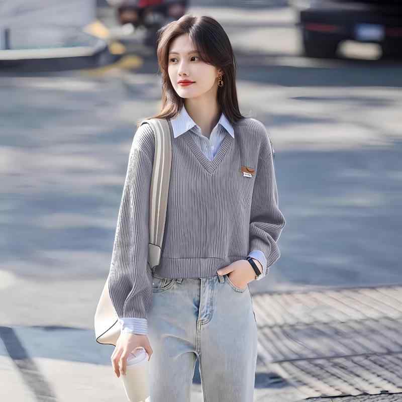 乐天商城 - 秋服 レディース ファッション オシャレ カワイイ シンプル 大人カワイイ 大きいサイズ グレー ストライプ ステッチ フェイク ツーピース セーター ハイエンド トップス