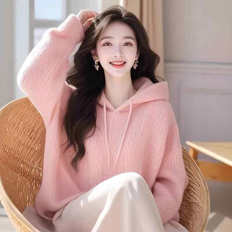 秋服 レディース ファッション オシャレ カワイイ シンプル 大人カワイイ 大きいサイズ ピンク フード付き セーター 韓国スタイル トップス