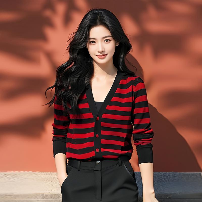 秋服 レディース ファッション オシャレ カワイイ シンプル 大人カワイイ 大きいサイズ 赤 ストライプ Vネック アウター セーター 韓国スタイル ハイエンド トップス