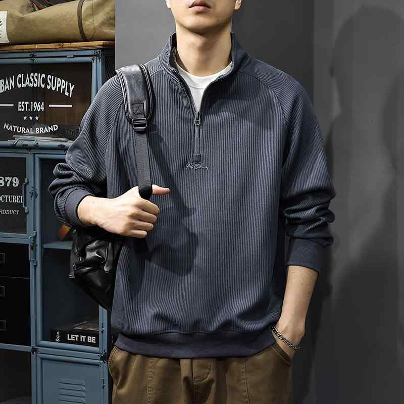 秋冬 コーデ メンズ 服 シンプル ファッション オシャレ 大人 かっこいい 大きいサイズ ストリート 紳士服 ヘビー ストライプニット セーター アメカジ スタンドカラー ポロ シャツ