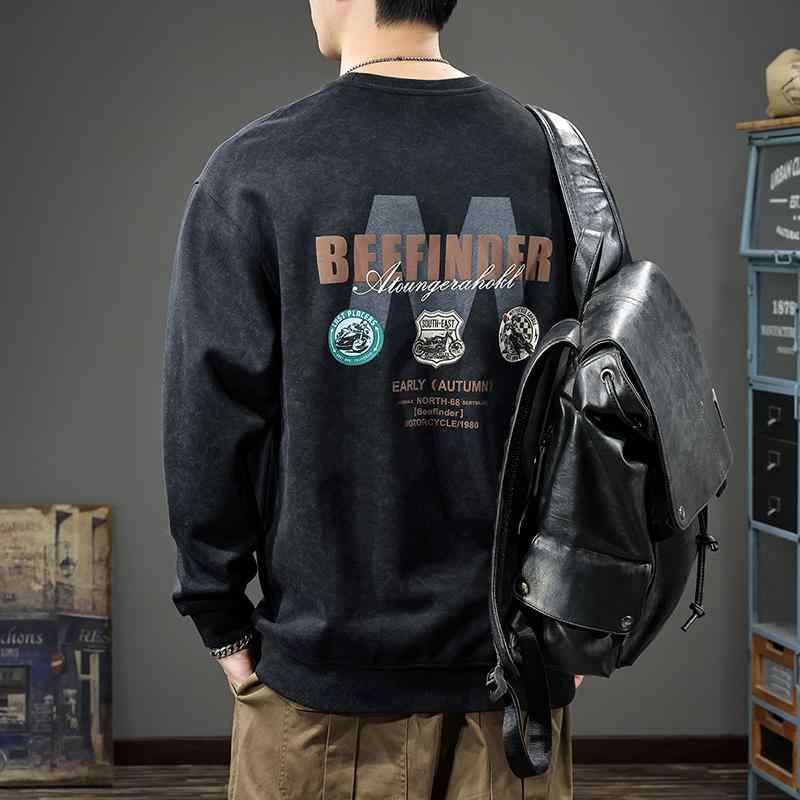 秋冬 コーデ メンズ 服 シンプル ファッション オシャレ 大人 かっこいい 大きいサイズ ストリート 紳士服 アメリカン レトロ プリント セーター ヘビー ベルベット ラウンドネック 長袖 トップス