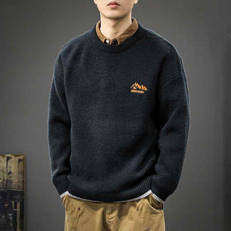 秋冬 コーデ メンズ 服 シンプル ファッション オシャレ 大人 かっこいい 大きいサイズ ストリート 紳士服 ヘビー アメリカン レトロ クルー ネック セーター フェイク ツーピース ソフト 快適 ジャケット