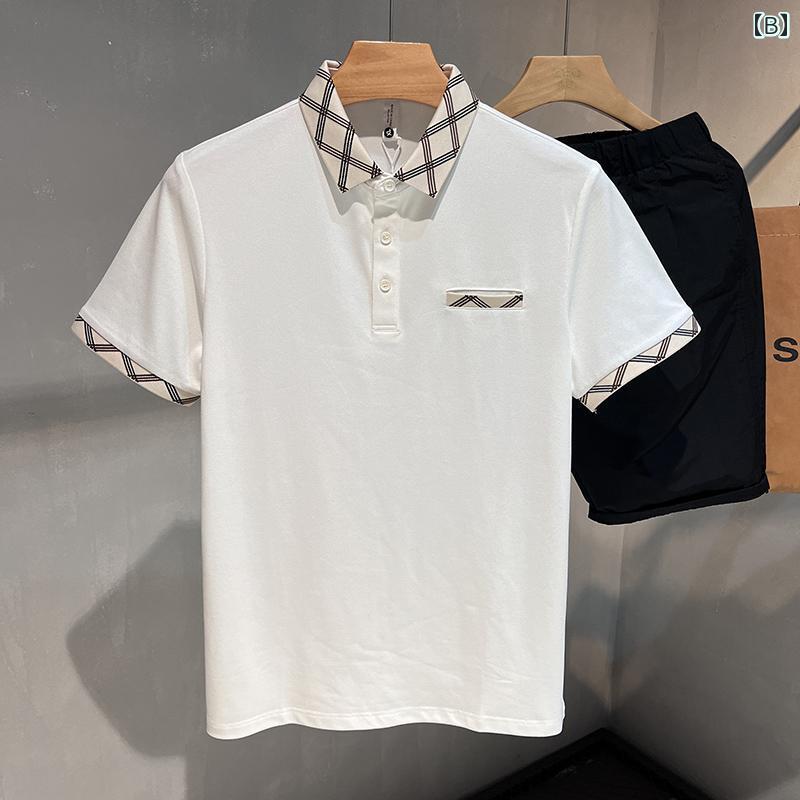 秋冬 コーデ メンズ 服 シンプル ファッション オシャレ 大人 かっこいい 大きいサイズ ストリート 紳士服 ハイエンド 半袖 ポロ シャツ コントラスト ステッチ スリム カジュアル トップス
