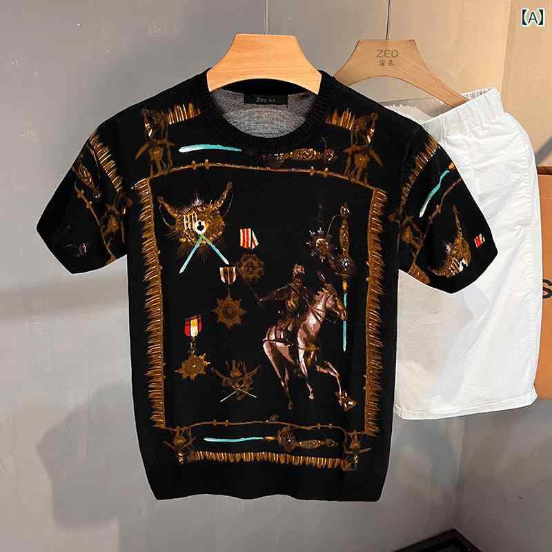 秋冬 コーデ メンズ 服 シンプル ファッション オシャレ 大人 かっこいい 大きいサイズ ストリート 紳士服 ハイエンド スリム ラウンドネック プリント 半袖 セーター ニット シャツ トップス T