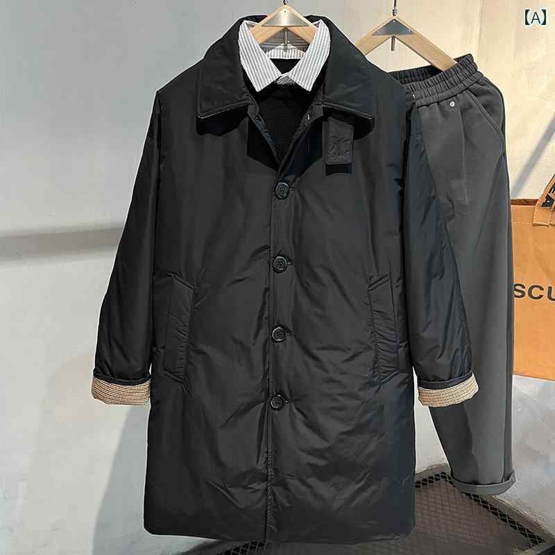 秋冬 コーデ メンズ 服 シンプル ファッション オシャレ 大人 かっこいい 大きいサイズ ストリート 紳士服 ミドル丈 ウインドブレーカー ダウン ジャケット ロング ビジネス カジュアル 黒