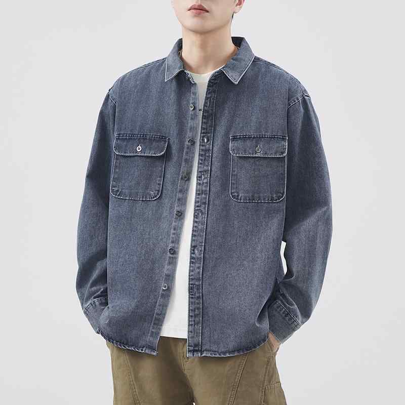 秋冬 コーデ メンズ 服 シンプル ファッション オシャレ 大人 かっこいい 大きいサイズ ストリート 紳士服 レトロ 長袖 デニム シャツ ヘビーウォッシュ ソリッドカラー ワークウェア 薄手 ジャケット