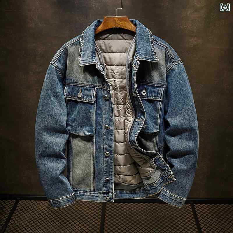 秋冬 コーデ メンズ 服 シンプル ファッション オシャレ 大人 かっこいい 大きいサイズ ストリート 紳士服 アメリカン レトロ ダメージ デニム ジャケット ライナー コットンコート ライダー スパッド 厚手 ジャケット
