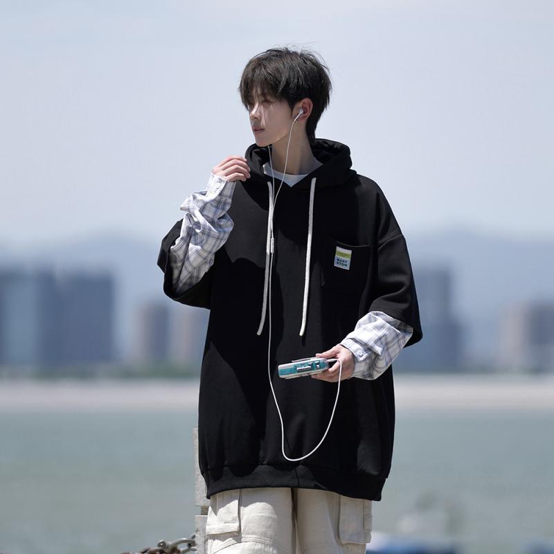 秋冬 コーデ メンズ 服 シンプル ファッション オシャレ 大人 かっこいい 大きいサイズ ストリート 紳士服 フェイク ツーピース チェック柄 フード付き スウェット シャツ 厚手 アメリカン ジャケット